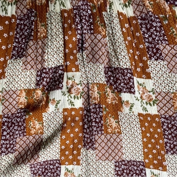 Meritt Fall Boho Patchwork Babydoll Mini Dress w/ Pockets | Rust Brown Floral M - Picture 12 of 16